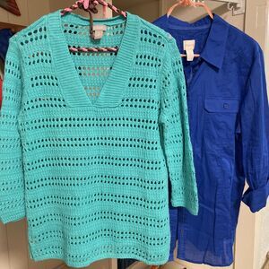 Chico’s Women’s Blouses Size 1 Med. Pullover Knit 3/4 Sleeve Blue Button Up Lot